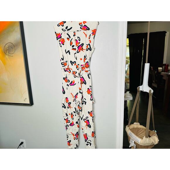 TANYA TAYLOR Margot Orange Blooms Floral Linen Blend Jumpsuit Size 10 - Picture 7 of 10